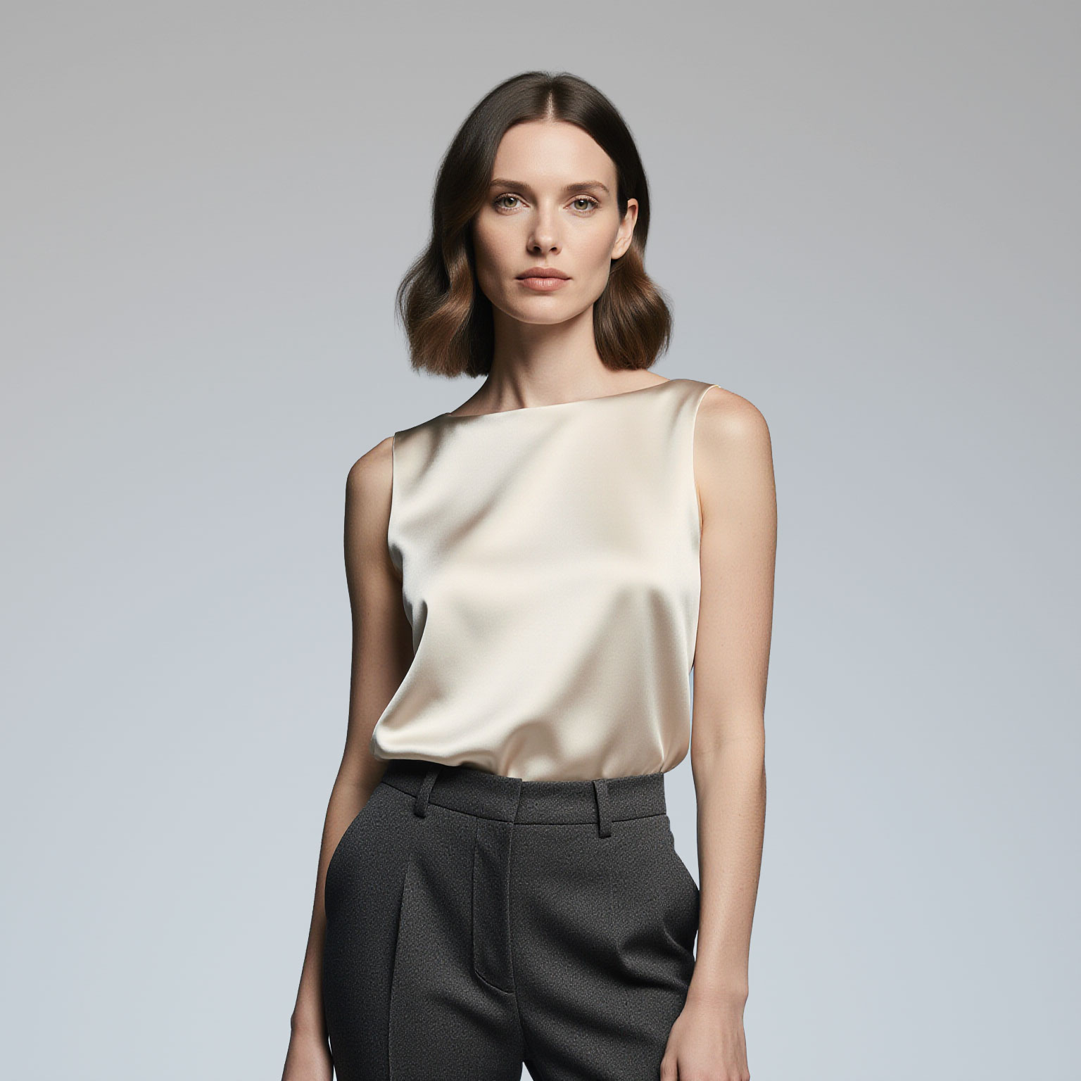 Luxury women’s sleeveless blouse and tailored trousers professionally cleaned by Sudsies near Bal Harbour