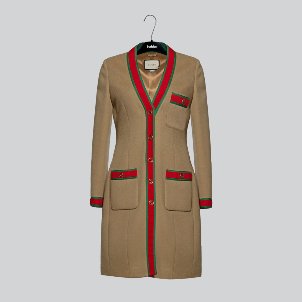 Gucci wool coat prepared for luxury dry cleaning by Sudsies