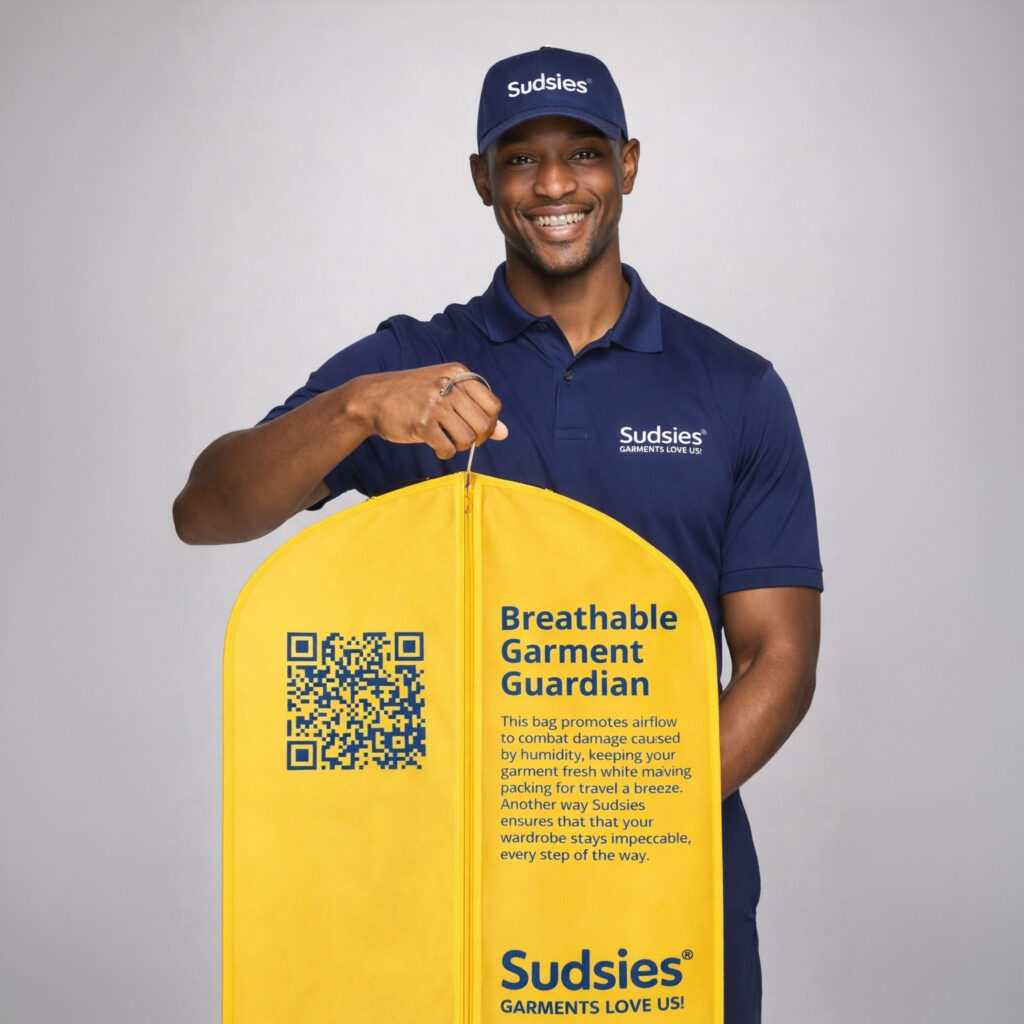 Sudsies Dry Cleaning garment care valet holding breathable garment bag